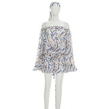 Women Summer Striped Print Mesh Headband Drawstring Lantern Sleeve Dress