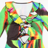 Women Ruffle Edge Round Neck Lace-Up Printed Long-Sleeved Dress