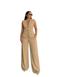 Women Elegant Gold Button Vest and Wide-Leg Pants Two-Piece Set
