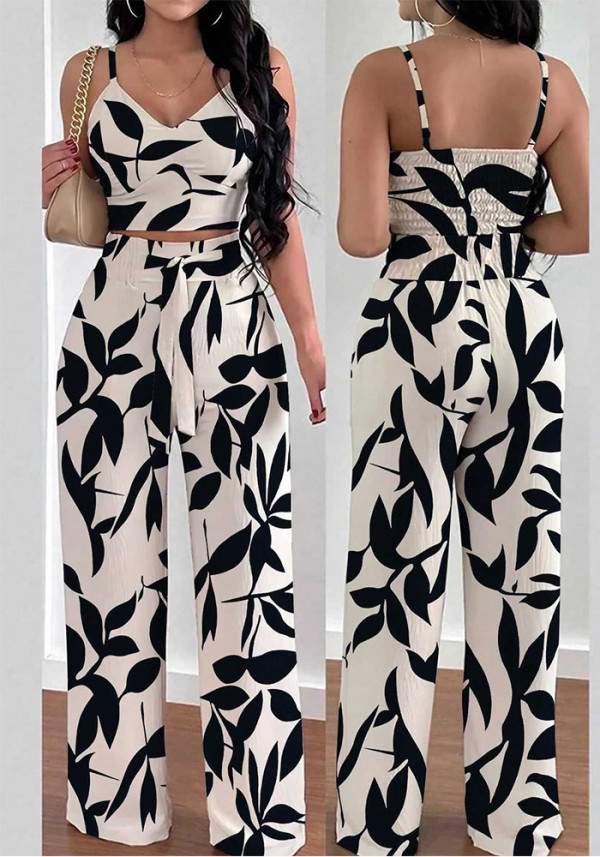 Women Summer Printed Top and Tie-up Wide-Leg Pants Two-piece Set