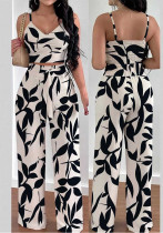 Women Summer Printed Top and Tie-up Wide-Leg Pants Two-piece Set Women Summer Printed Top and Tie-up Wide-Leg Pants Two-piece Set