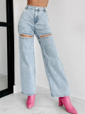 Women Chain Washed Ripped Denim Pant