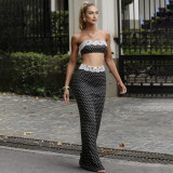 Women Spring Sexy Strapless Lace Top and Polka Dot Skirt Two-piece Set