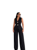 Women Elegant Gold Button Vest and Wide-Leg Pants Two-Piece Set