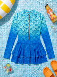 Women Bikini Mesh Patchwork Zipper Printed One-Piece Swimwear