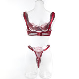 Women Burgundy Embroidered V-Neck Bra Hollowed-Out See-Through Lingerie Two-Piece Set