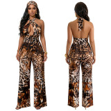 Women Polka Dot Print Halter Neck Wide-Leg Jumpsuit