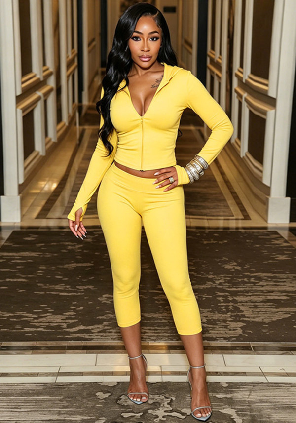 Women Hooded Long-Sleeved Zipper Top and Gathered Three-Piece Pants Two-Piece Set