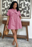 Women Denim Turndown Collar Bow Dress