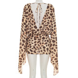 Women Summer Sexy Leopard Print Lace-Up V-Neck Flowy Mini Dress