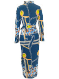 Women Printed Zipper Dress with Belt