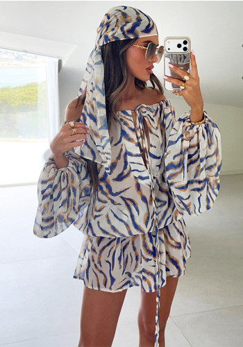 Women Summer Striped Print Mesh Headband Drawstring Lantern Sleeve Dress