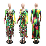 Women Ruffle Edge Round Neck Lace-Up Printed Long-Sleeved Dress