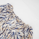 Women Summer Striped Print Mesh Headband Drawstring Lantern Sleeve Dress
