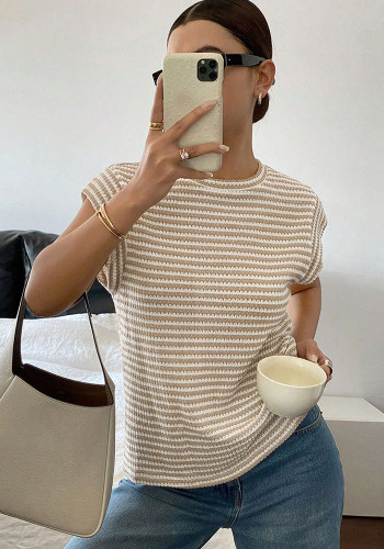 Women Spring/Summer Round Neck Cable Knitting T-shirt Top