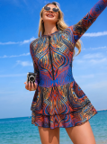 Women Bikini Mesh Patchwork Zipper Printed One-Piece Swimwear