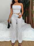 Women Striped Sexy Backless Tie-up Top and Pants Two-piece Set