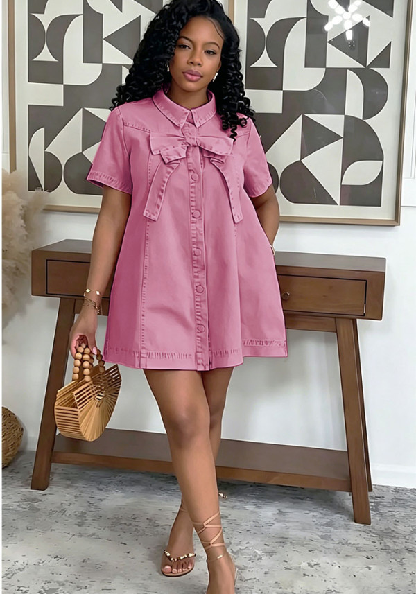 Women Denim Turndown Collar Bow Dress