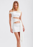 Women summer Slash Shoulder sexy hollowed-out tie-up Knot Bodycon dress