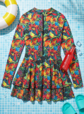 Women Bikini Mesh Patchwork Zipper Printed One-Piece Swimwear
