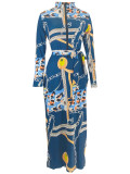 Women Printed Zipper Dress with Belt