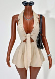 Women V-Neck Lace-Up Halter Neck Turndown Collar Wide-Leg Jumpsuit