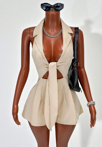 Women V-Neck Lace-Up Halter Neck Turndown Collar Wide-Leg Jumpsuit