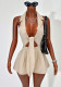 Women V-Neck Lace-Up Halter Neck Turndown Collar Wide-Leg Jumpsuit