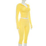 Women Hooded Long-Sleeved Zipper Top and Gathered Three-Piece Pants Two-Piece Set