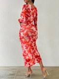 Women Spring/Autumn Printed Round Neck French Elegant Maxi Dress