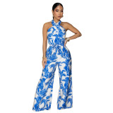 Women Halter Neck Sleeveless Printed Jumpsuit with Belt