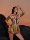 Women Bikini Mesh Patchwork Zipper Printed One-Piece Swimwear