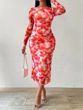 Women Spring/Autumn Printed Round Neck French Elegant Maxi Dress