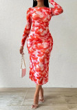 Women Spring/Autumn Printed Round Neck French Elegant Maxi Dress