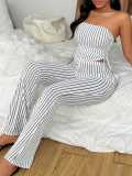 Women Striped Sexy Backless Tie-up Top and Pants Two-piece Set