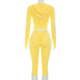Women Hooded Long-Sleeved Zipper Top and Gathered Three-Piece Pants Two-Piece Set