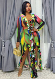 Women Ruffle Edge Round Neck Lace-Up Printed Long-Sleeved Dress