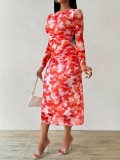 Women Spring/Autumn Printed Round Neck French Elegant Maxi Dress