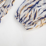 Women Summer Striped Print Mesh Headband Drawstring Lantern Sleeve Dress