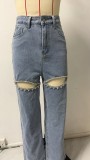 Women Chain Washed Ripped Denim Pant