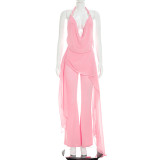 Women Summer Chiffon Patchwork Halter Neck Lace-Up Jumpsuit