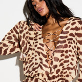 Women Summer Sexy Leopard Print Lace-Up V-Neck Flowy Mini Dress