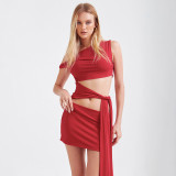Women summer Slash Shoulder sexy hollowed-out tie-up Knot Bodycon dress