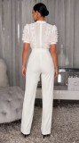 Women Casual Striped Lace Patchwork Short-Sleeve Wide-Leg Jumpsuit