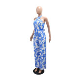Women Halter Neck Sleeveless Printed Jumpsuit with Belt