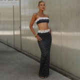 Women Spring Sexy Strapless Lace Top and Polka Dot Skirt Two-piece Set