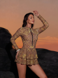 Women Bikini Mesh Patchwork Zipper Printed One-Piece Swimwear