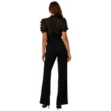 Women Casual Striped Lace Patchwork Short-Sleeve Wide-Leg Jumpsuit
