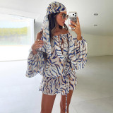 Women Summer Striped Print Mesh Headband Drawstring Lantern Sleeve Dress
