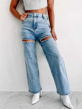 Women Chain Washed Ripped Denim Pant